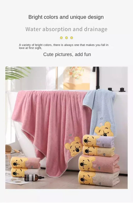 Winnie Bear Bath Towel Set para Crianças, Macio e Absorvente, Coral Velvet, Home Wash, Desenhos animados