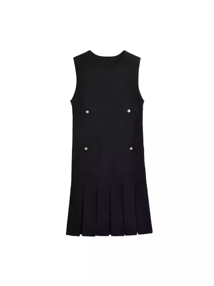 Mini vestido de bolso feminino sem mangas com o pescoço, malha, elegante vestido de botão, fino Lady Fashion, verão, fêmea, 2024