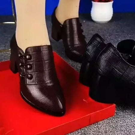 Saltos altos de couro macio para mulheres, Sapatos de salto alto baixo Breasted, Sapatos de vestido de dedo apontado, Sapatos Retro, Novo, Outono