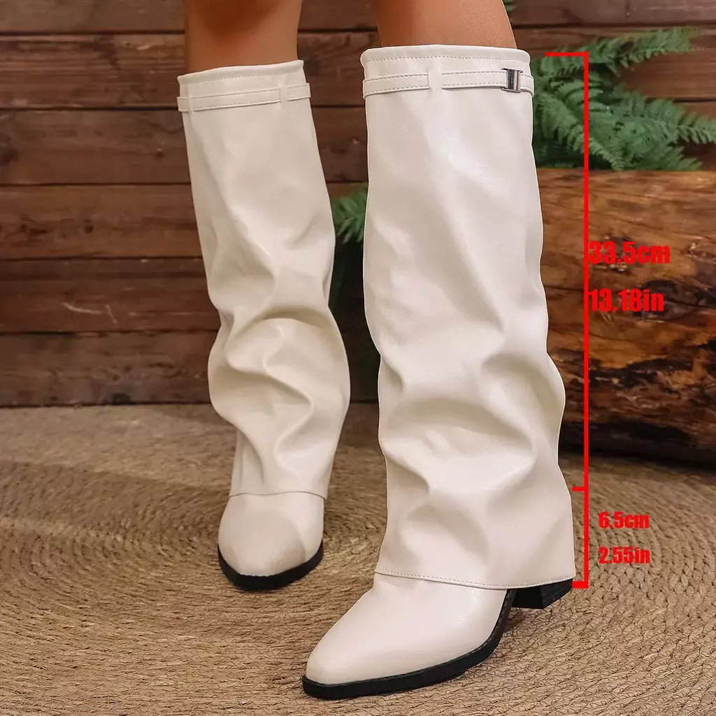 Moda plissada bota de salto alto outono novo tamanho grande estilo britânico calças de tubo alto bota feminina transfronteiriça lindamente