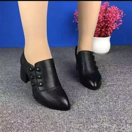 Saltos altos de couro macio para mulheres, Sapatos de salto alto baixo Breasted, Sapatos de vestido de dedo apontado, Sapatos Retro, Novo, Outono