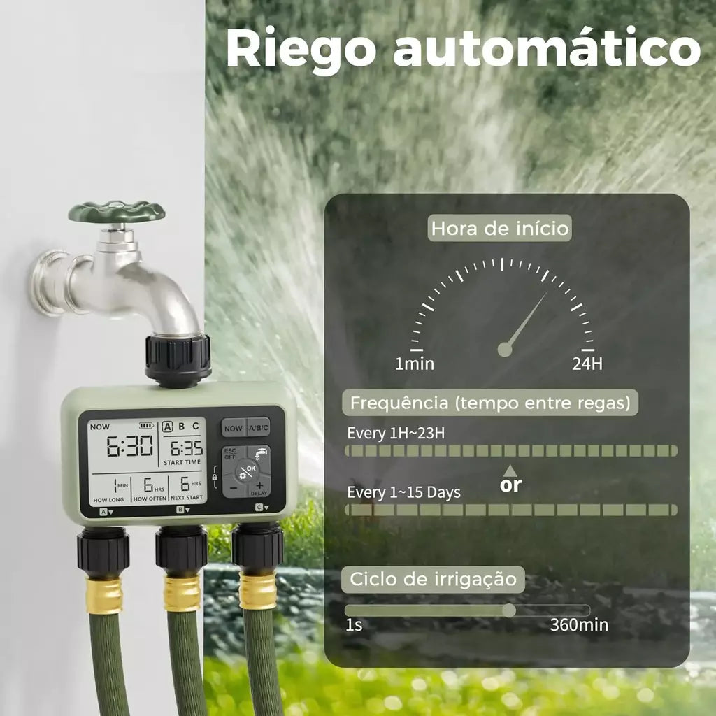 Diivoo temporizador de água para jardim, 3 saídas para mangueira de jardim, temporizador de irrigação automático programável ip54 com atraso de chuva, modo manual/automático