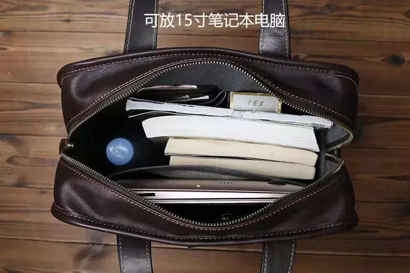 Maleta de couro retrô para homens, couro natural, bolsa vertical, bolsa de ombro casual, mochila masculina, adequada para laptop de 15 ", NZPJ