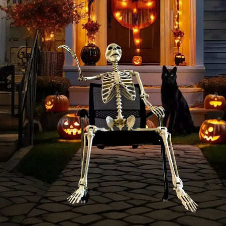 Esqueleto de halloween em tamanho real, esqueleto humano com articulações posáveis, resistente às intempéries, decoração de jardim, adereços fotográficos assustadores para feriados