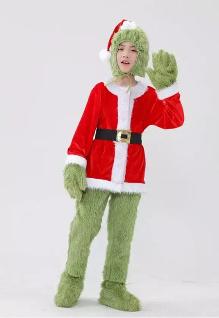Venda quente da temporada halloween verde grinch cosplay traje papai noel com calças de pele conjunto jogar traje em massa monstro verde gri