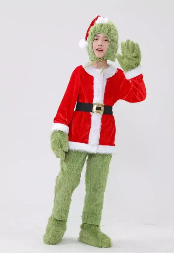 Venda quente da temporada halloween verde grinch cosplay traje papai noel com calças de pele conjunto jogar traje em massa monstro verde gri