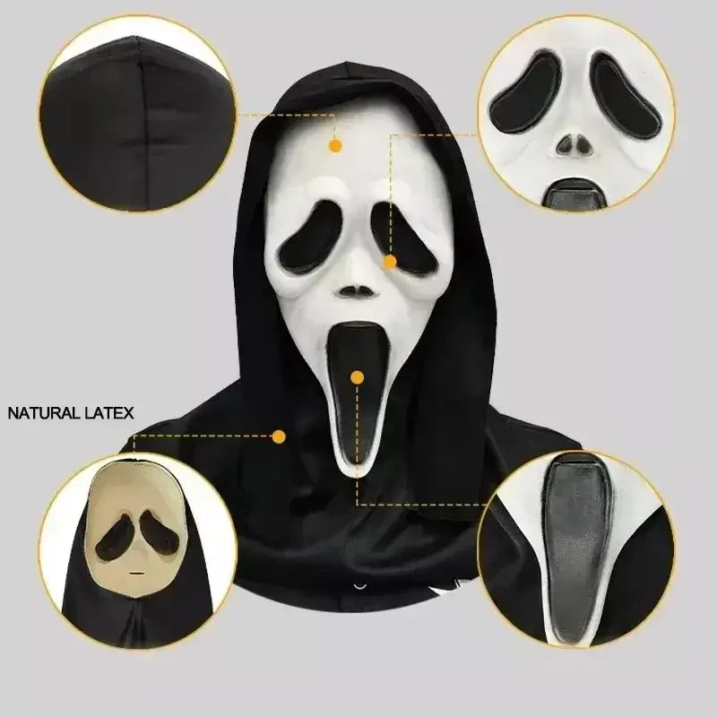 Látex grito ghostface máscara horror cabeça cheia máscara brincadeira cosplay traje filme assustador ghostface adereços decoração de casa fontes de festa