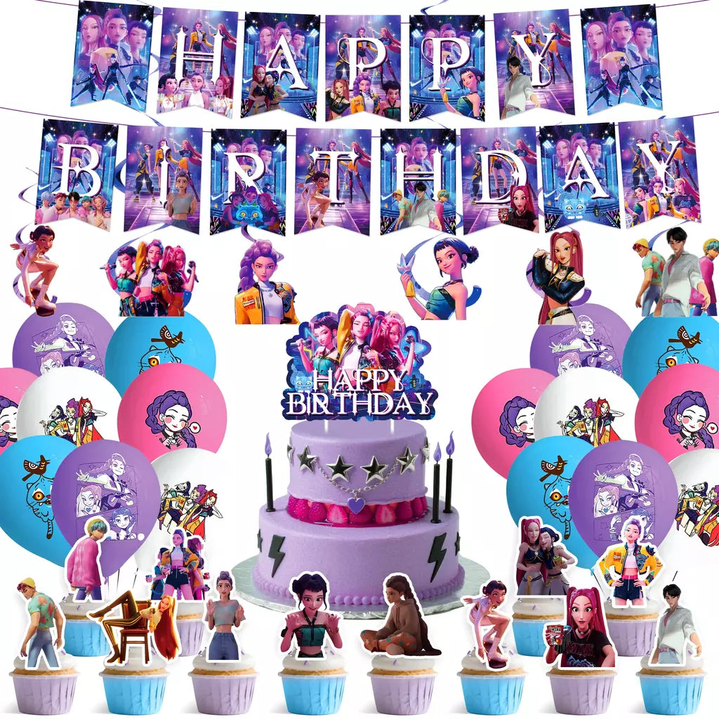Conjunto de talheres para decoração de festa de aniversário, caçadores de demônios, copo, prato, guardanapo, banner, balão, meninas, coreano, kpop, anime, suprimentos de festa, decoração
