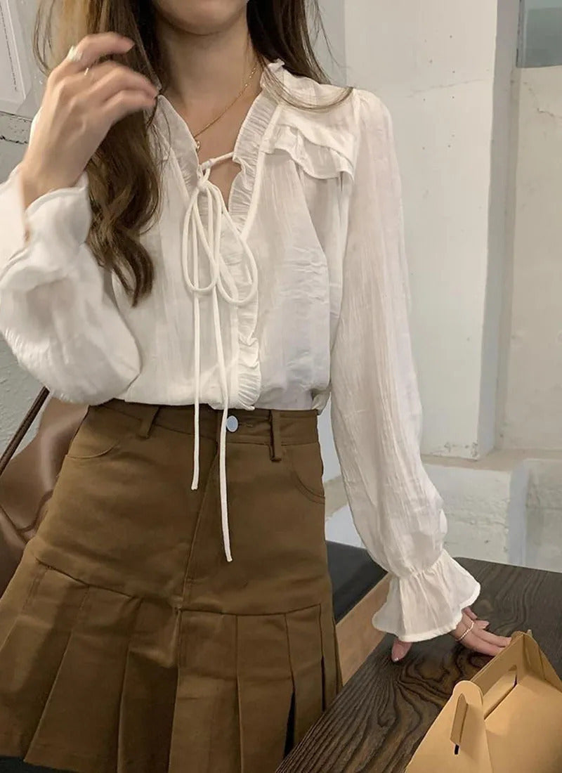 Xpqbb-Blusa de chiffon com decote em V para mulheres, camisas soltas com renda, manga comprida, babados, streetwear feminino, roupas coreanas, primavera e outono, 2024