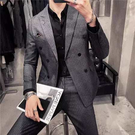 (Blazer + calças) high-end marca formal negócios xadrez terno dos homens noivo vestido de casamento cor sólida palco desempenho smoking S-7XL