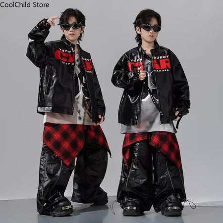Meninos hio hop letras jaqueta de couro dança de rua calças de carga soltas meninas k-pop streetwear crianças conjunto de roupas jazz traje