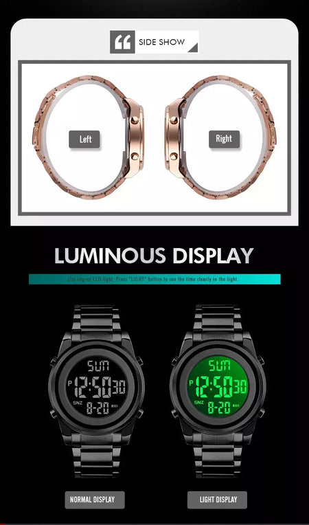 Skmei relógio de pulso masculino luxuoso, à prova d'água, aço inoxidável, eletrônico, esportivo, digital, 1611