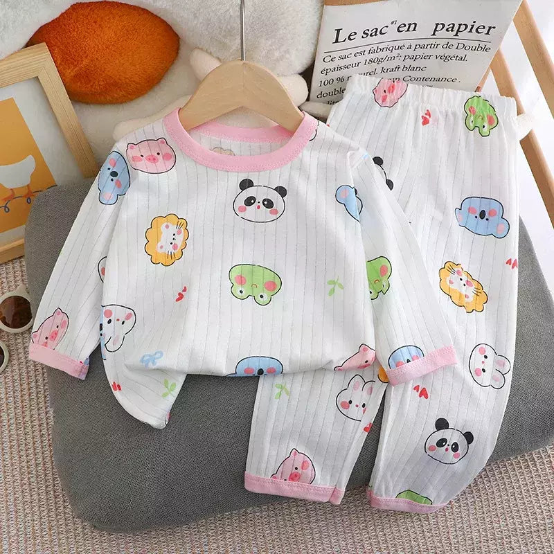 Pijama de algodão puro para meninos e meninas, camiseta fina de manga comprida, tops e calças lindos desenhos animados, conjuntos de roupas infantis, verão, novo, 2022