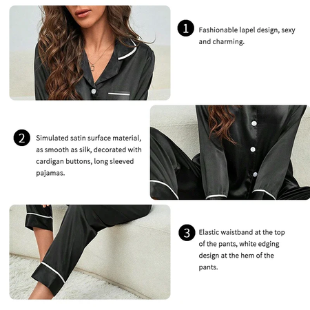 Pijama de seda gelo de mangas compridas feminino, tamanhos grandes, monocromático, casual, solto, preto, botões macios, cardigã, roupa de casa, pijamas, outono, inverno