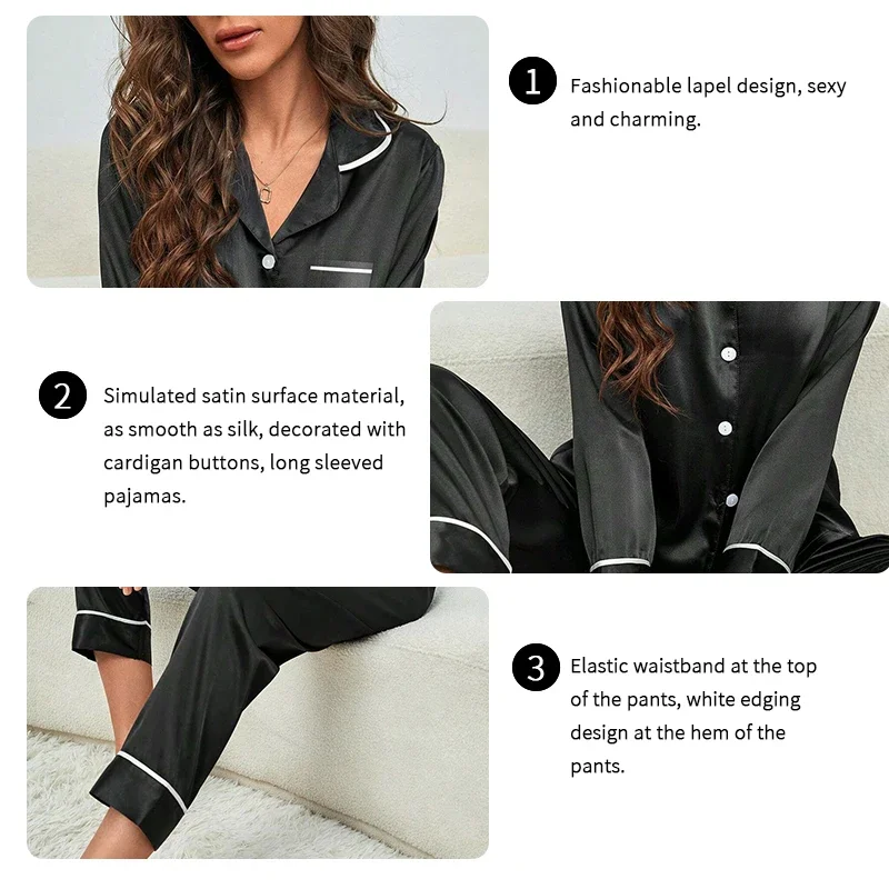Pijama de seda gelo de mangas compridas feminino, tamanhos grandes, monocromático, casual, solto, preto, botões macios, cardigã, roupa de casa, pijamas, outono, inverno