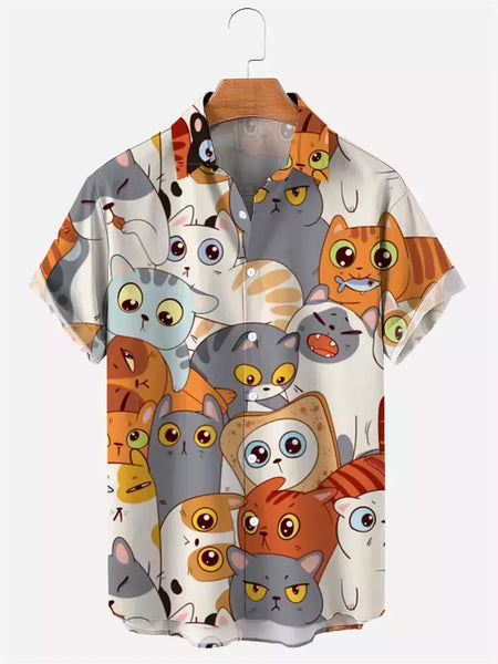 Camisa havaiana dos desenhos animados de anime masculino, Tops de manga curta, roupas casuais masculinas, rua, animais, gatos, retrô, 3D Tees, verão
