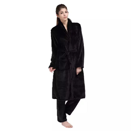 Camisola Nobre Flanela Preta, Longo Robe Termal, Conjunto de Pijamas com Calças, Roupa de Casa, Luxo, Outono, Inverno