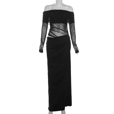 Oco sexy vestido longo feminino um ombro malha transparente festa noite vestido de malha verão moda cor sólida maxi vestidos