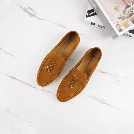 Sapatos de mula de camurça antiderrapante para mulheres, sapatos para dirigir, pingente de metal, marca de luxo, moda casual confortável, Le Fu