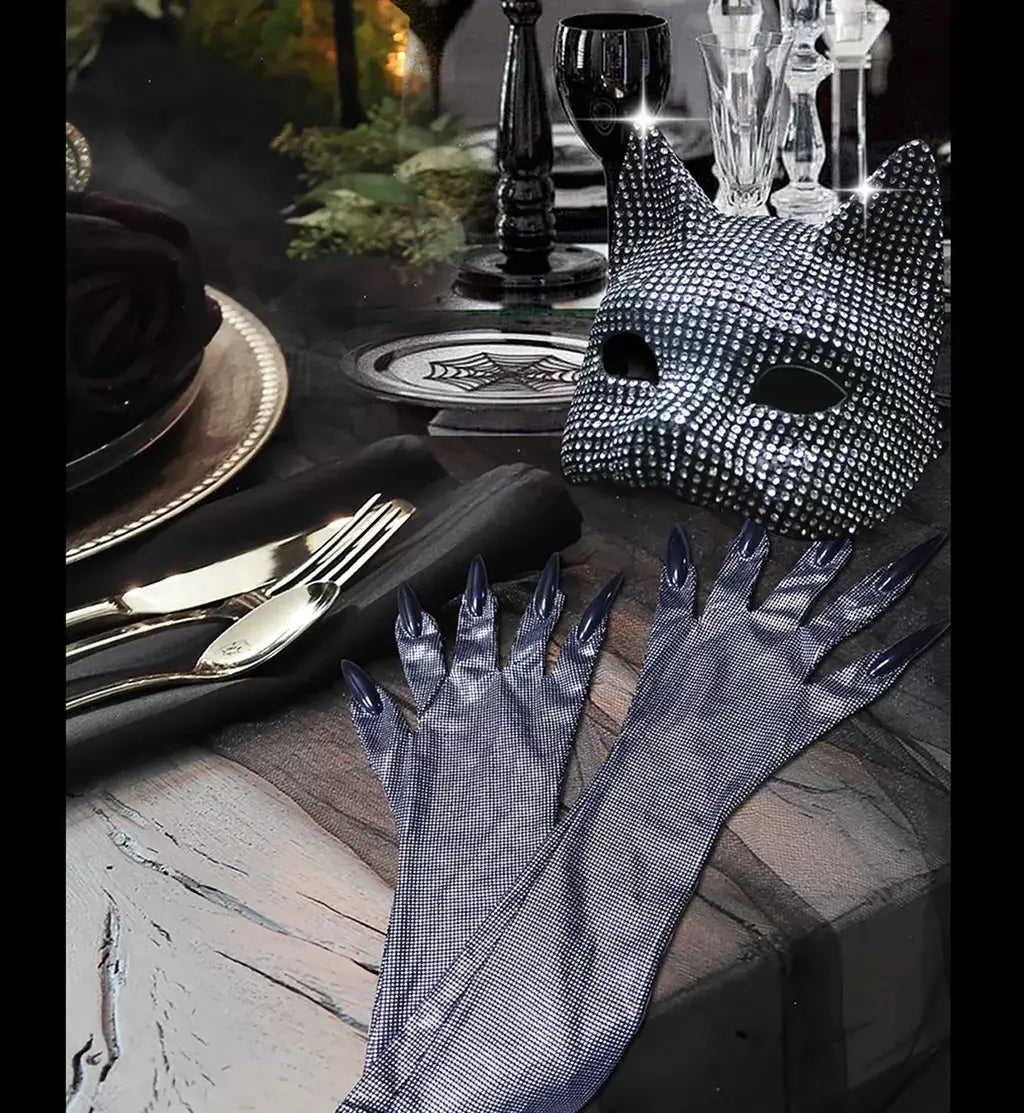 Máscaras de orelha de gato brilhantes cosplay festa de halloween acessórios de fantasia luvas longas sexy bling gatinho metade máscaras