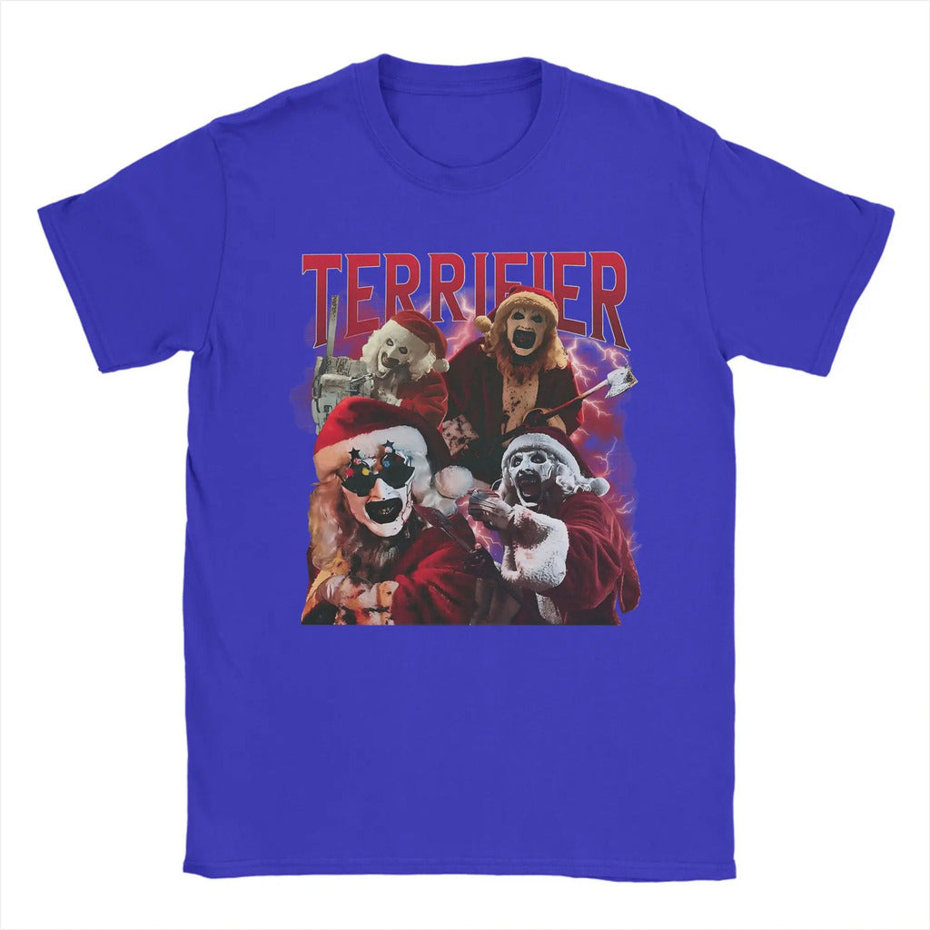 Arte engraçada os palhaços terrifier natal camiseta masculina em torno do pescoço puro algodão t camisas de manga curta camiseta impressa topos