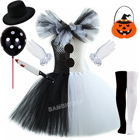 O traje de palhaço terrível arte menina preto branco fantasia tutu vestido horror coringa vestido para meninas trajes de festa de carnaval de halloween
