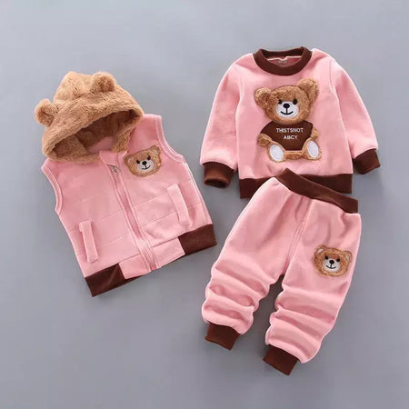 Conjunto infantil de três peças com capuz, terno casual confortável para menino, quente, fofo, moda menina, 12M-4 anos, outono, inverno, novo