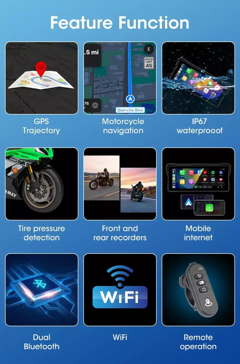 Jmcq portátil 8.1 polegada ip67 à prova dip67 água motocicleta 4k dvr navegação gps sem fio carplay android auto moto gravador monitor