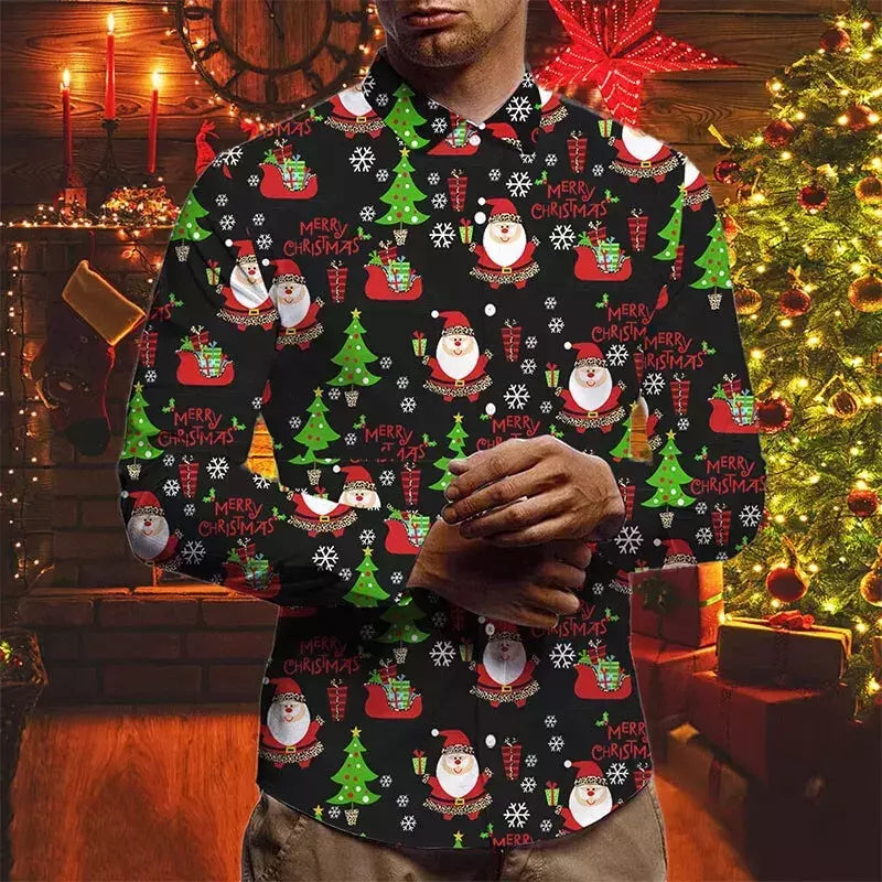 Camisas para homens outono natal férias lapela blusa masculina férias moda roupas masculinas diariamente rua camisas de manga longa botões