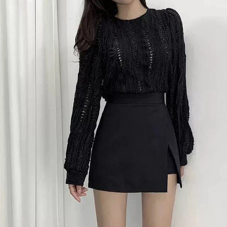Mini saias pretas femininas, fenda lateral irregular, cintura alta, shorts linha A, saias femininas de verão, envoltório chique do quadril, moda coreana
