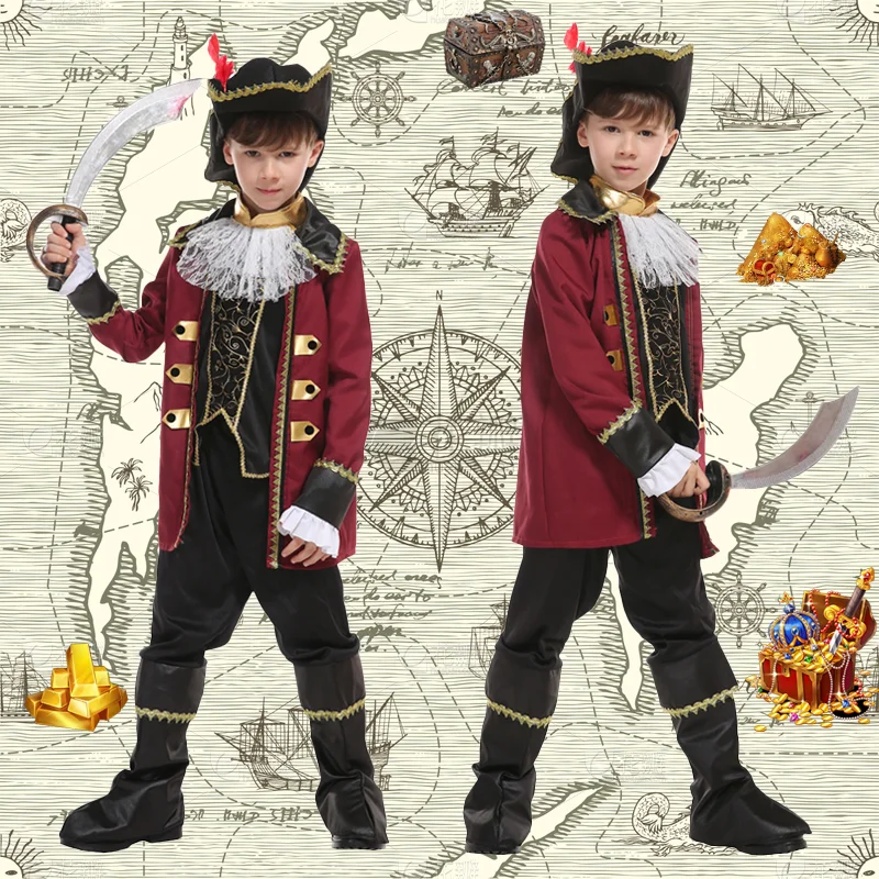 Menino cosplay piratas marinheiro traje terno com pirata tricórnio chapéu capitão jack cosplay conjunto com renda para o natal ano novo