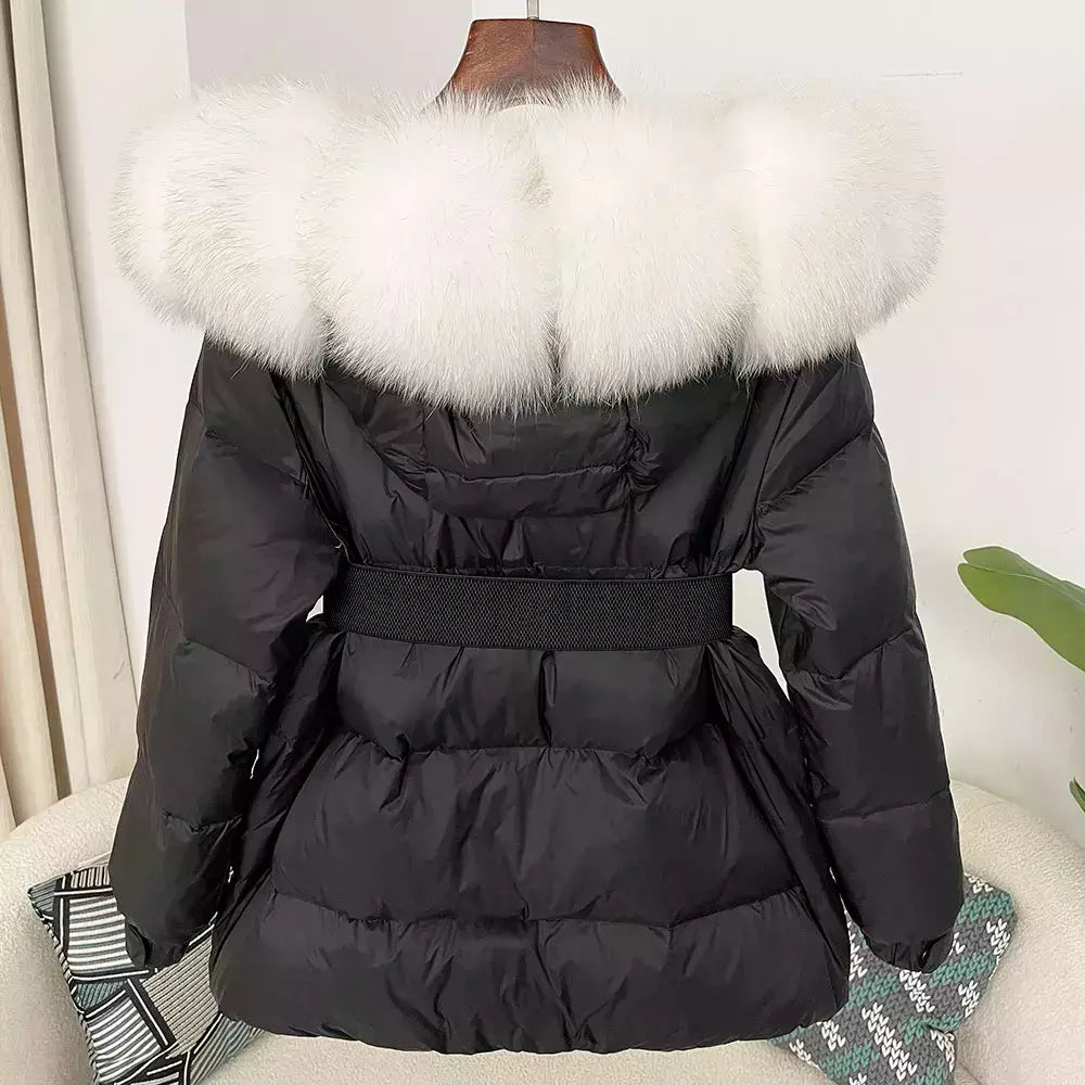 Oftbuy 2024 jaqueta de inverno feminina gola de pele de raposa natural real com capuz grosso quente 90% pato branco para baixo casaco feminino streetwear casual