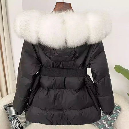 Oftbuy 2024 jaqueta de inverno feminina gola de pele de raposa natural real com capuz grosso quente 90% pato branco para baixo casaco feminino streetwear casual