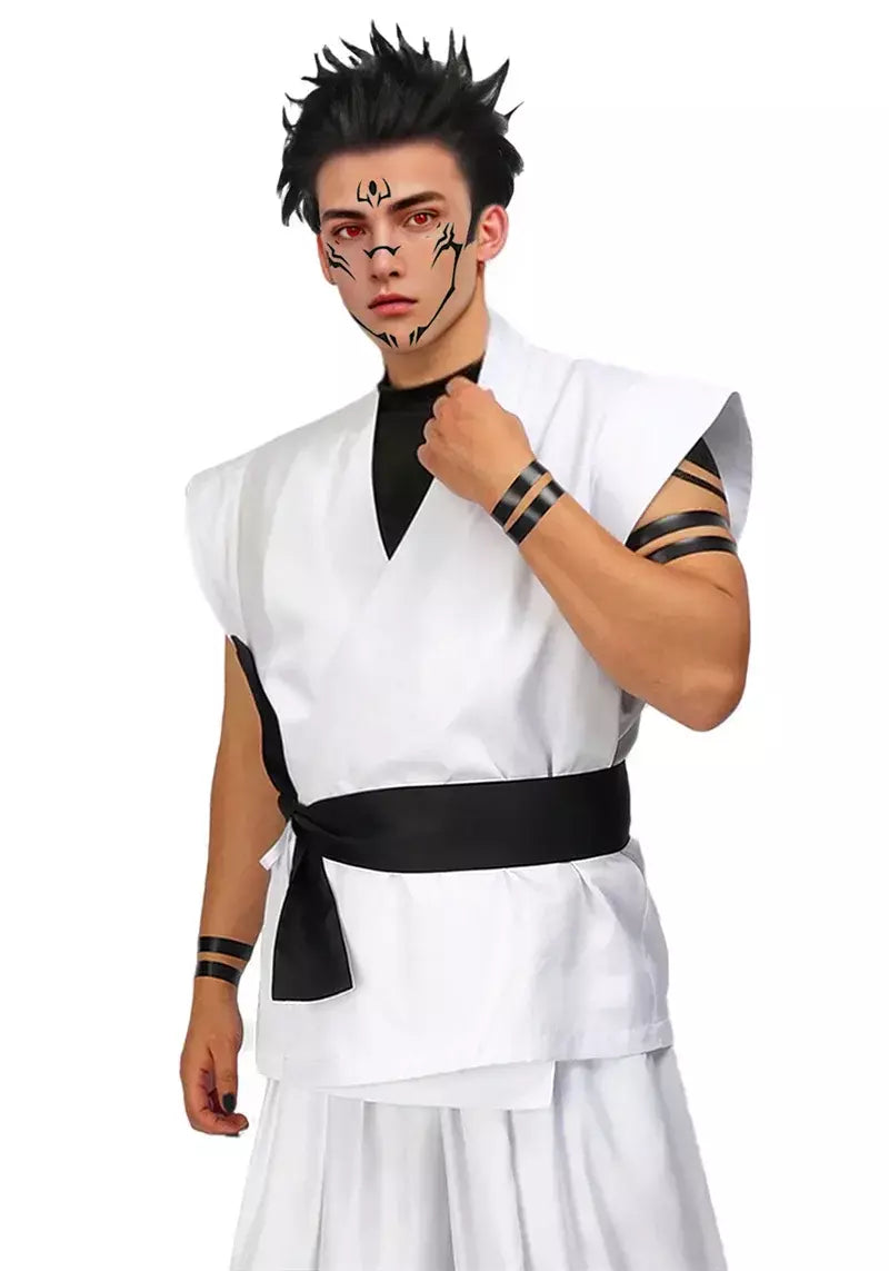 Dazcos ryomen sukuna traje branco kung fu terno com adesivos de tatuagem ryomen sukuna como megumi showdown cosplay traje conjunto completo