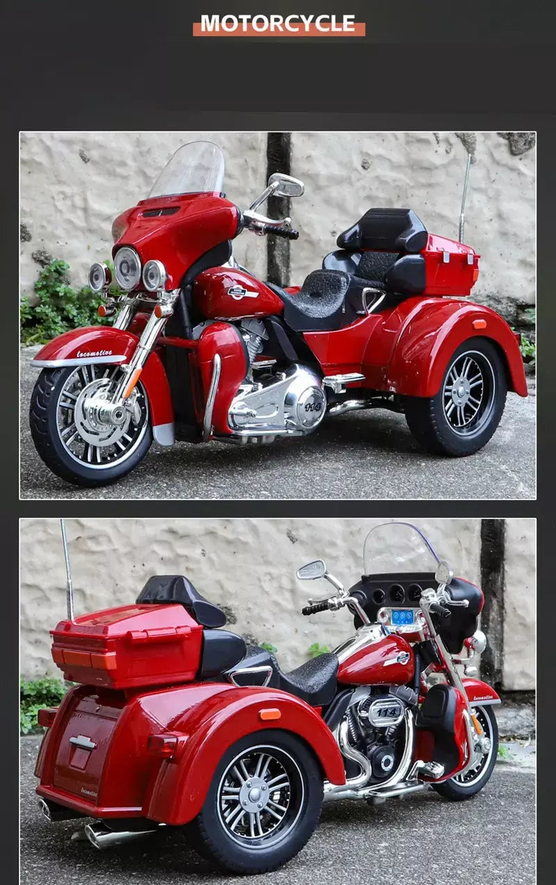 CVO-Tri Glide Alloy Motorcycle Model for Kids, Três Rodas, Cruzeiro, Viagem, Diecast, Lazer na Rua, Luz Sonora, Presente, 1:9