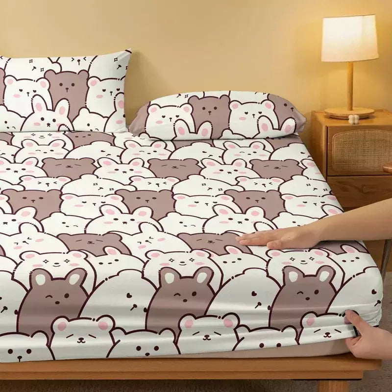 Urso de pelúcia bonito impresso fosco cabido folha para quarto, tampa de cama, cama, 1 desenho animado, excluindo fronhas, bonito