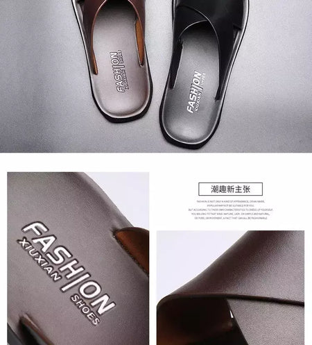 Sandálias para homens chinelos de couro genuíno marca de luxo moda masculina apartamentos casuais antiderrapantes praia sandalia zapatos hombre 2024