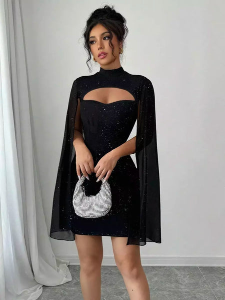 Sexy feminino gola capa mini vestido lantejoulas espumante clube festa noite fora cabido bodycon elegante outono inverno
