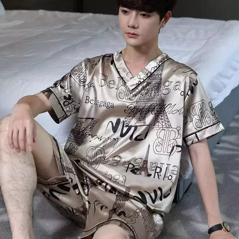 Conjunto de pijama de seda gelo manga curta masculino, pijama casual fino de simulação, tamanho grande, roupa para casa, verão, 2 peças