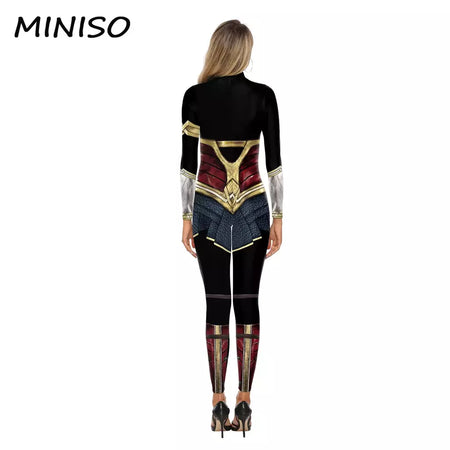 Miniso cosplay filme mulher maravilha traje festa de halloween impressão sexy macacão desempenho palco zentai bodysuit roupas femininas