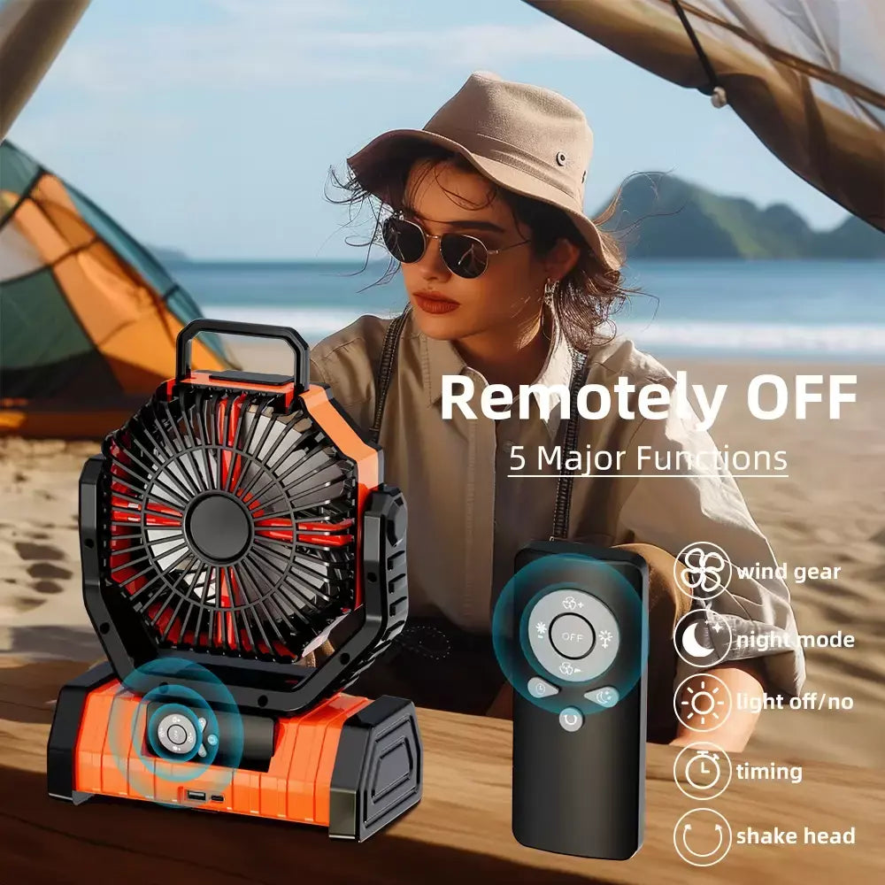 Ventilador recarregável portátil com luz LED e gancho, mesa com bateria, ventilador de acampamento, ventilador ao ar livre para barraca, viagem de carro, 20000mAh