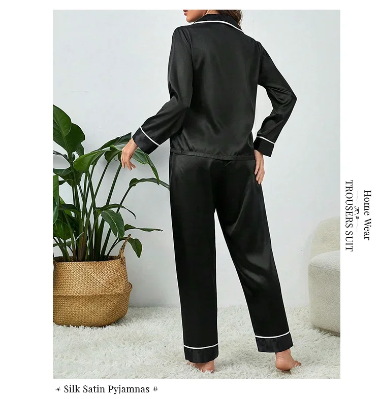 Pijama de seda gelo de mangas compridas feminino, tamanhos grandes, monocromático, casual, solto, preto, botões macios, cardigã, roupa de casa, pijamas, outono, inverno