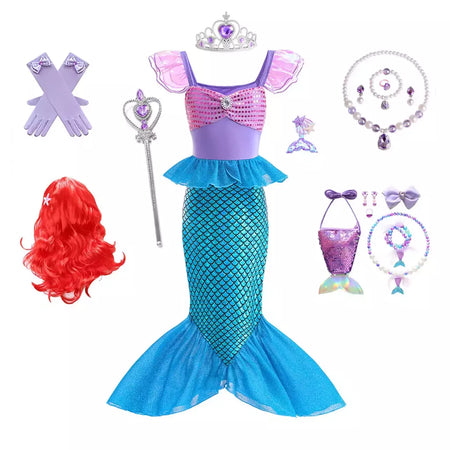 Meninas escala roxa princesa sereia ariel cosplay vestido de halloween vestido de festa de aniversário meninas verão praia vestido de férias