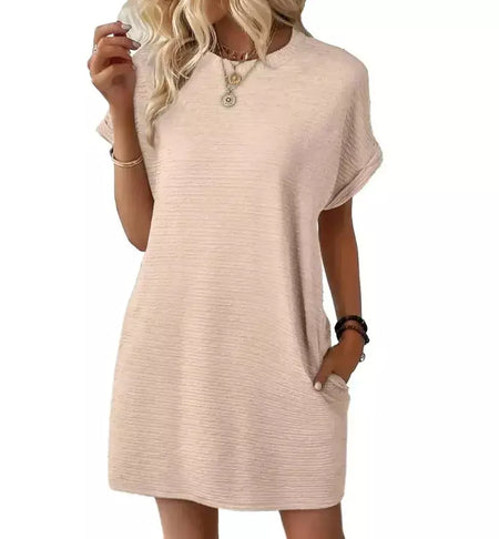 2026 robe femmes soiree manga curta em torno do pescoço mini vestido de cor sólida das mulheres bolso novo solto escritório deslocamento versátil vestido