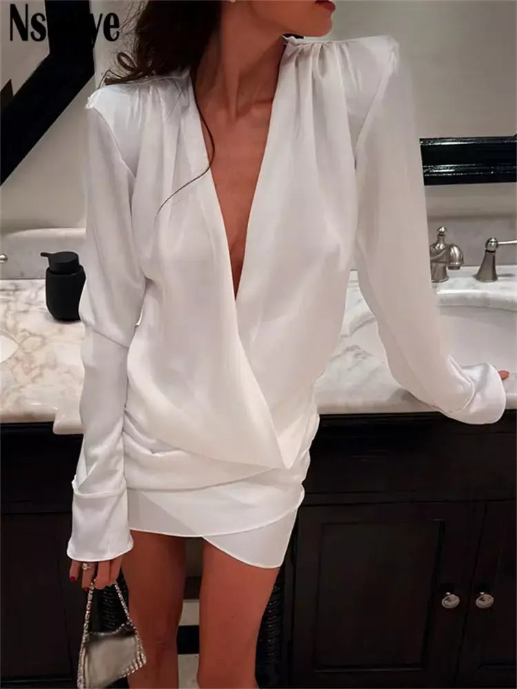 Nsauye curto noite elegante festa mini envoltório manga longa vestido feminino nova moda cetim 2025 inverno sexy night club vestido branco