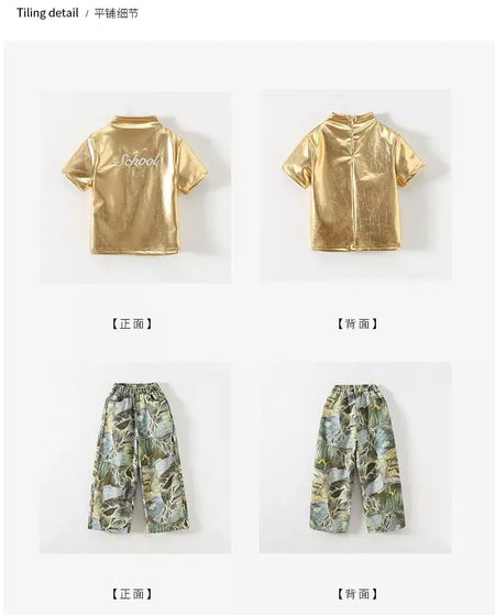 Girls Hip Hop Shiny Golden Crop Top Patchwork Jeans Pants Kids Streetwear Child Jazz Girl Group Costumes K-pop Retro Clothes Set