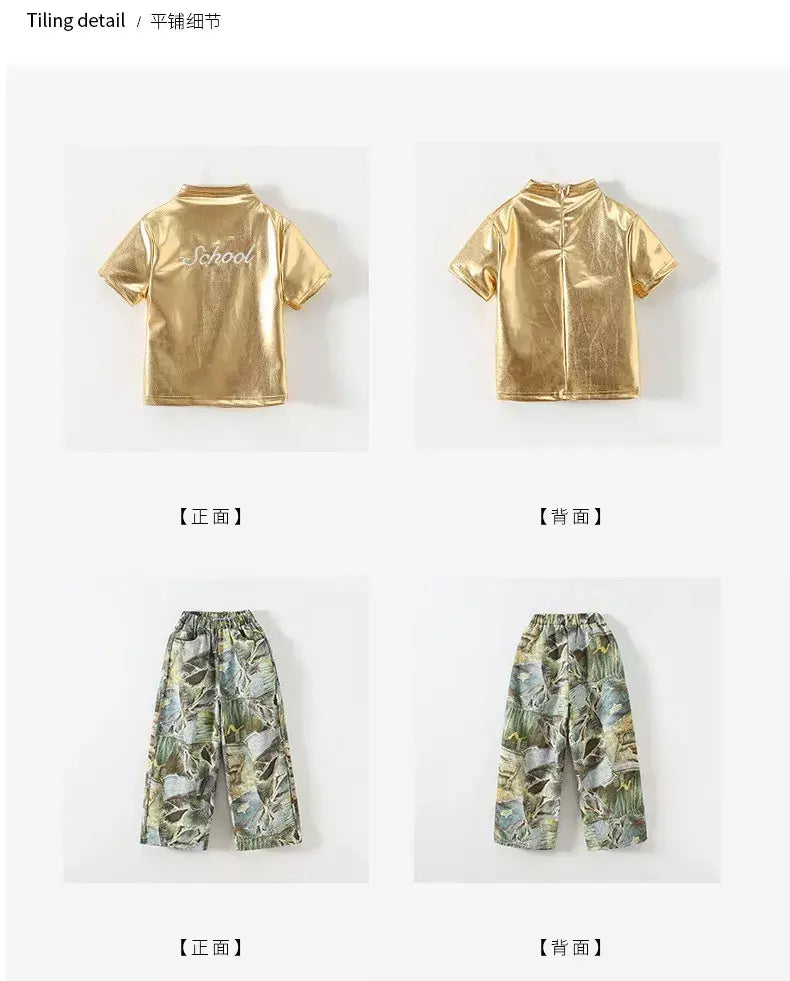 Girls Hip Hop Shiny Golden Crop Top Patchwork Jeans Pants Kids Streetwear Child Jazz Girl Group Costumes K-pop Retro Clothes Set