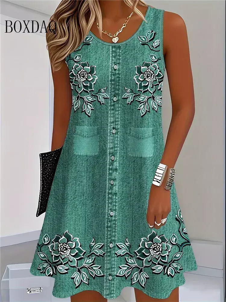 2025 mulheres verão sem mangas vestido boêmio moda imitar cowboy colete flores impressão vestido casual tanque vestidos de praia para mulher