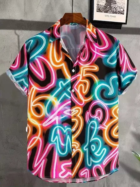 Camisa masculina de lapela estampa estilo néon, camisa casual de manga curta com botão, roupas masculinas, streetwear havaiano, verão