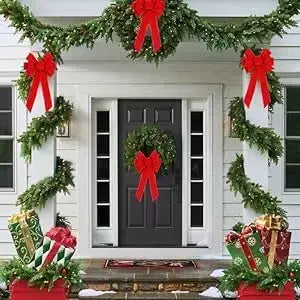 Laços de natal vermelhos decorações ao ar livre grande árvore de natal arco superior grinalda de veludo com glitter borda dourada decoração da porta da frente